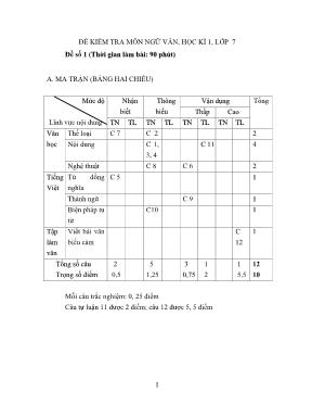 Đề kiểm tra môn Ngữ văn, học kì 1, lớp 7 - Đề số1